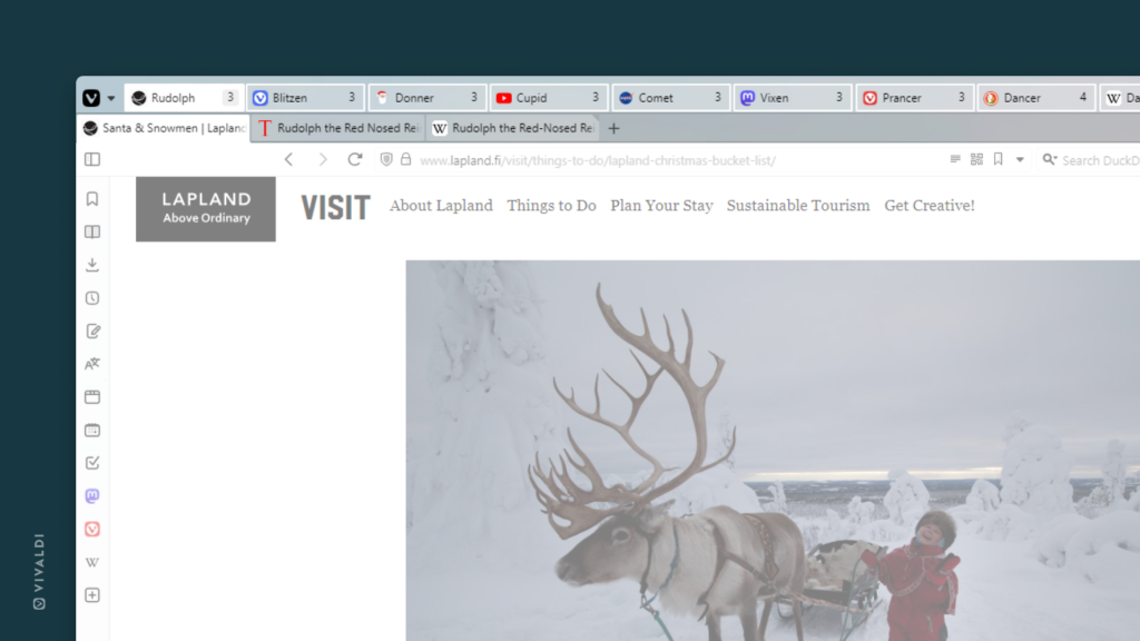 Vivaldi Browser with a renamed Tab Stack for each reindeer. 