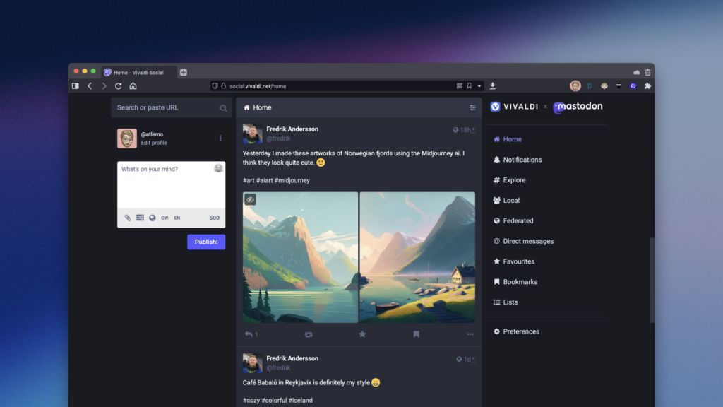 Vivaldi Social homepage for a logged in user.