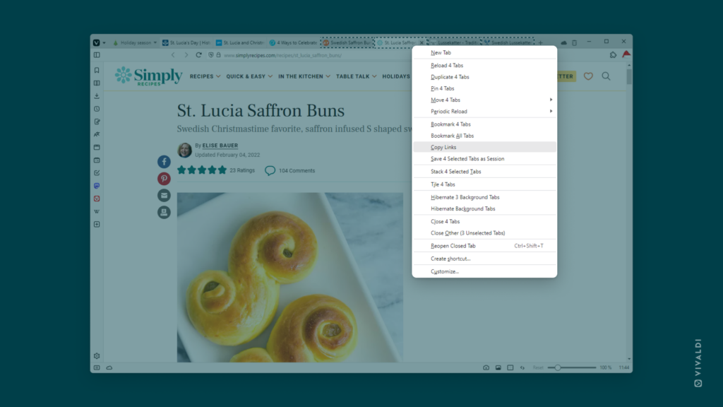 Context menu of 4 selected tabs in Vivaldi browser with "Copy Links" highlighted.