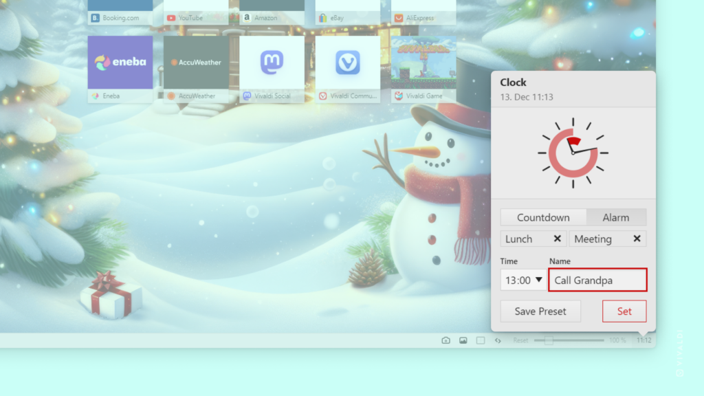 Clock menu open in the bottom right corner of the Vivaldi browser with a new alarm being set.