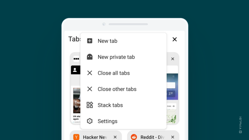 Menu for closing tabs open in Vivaldi on Android.