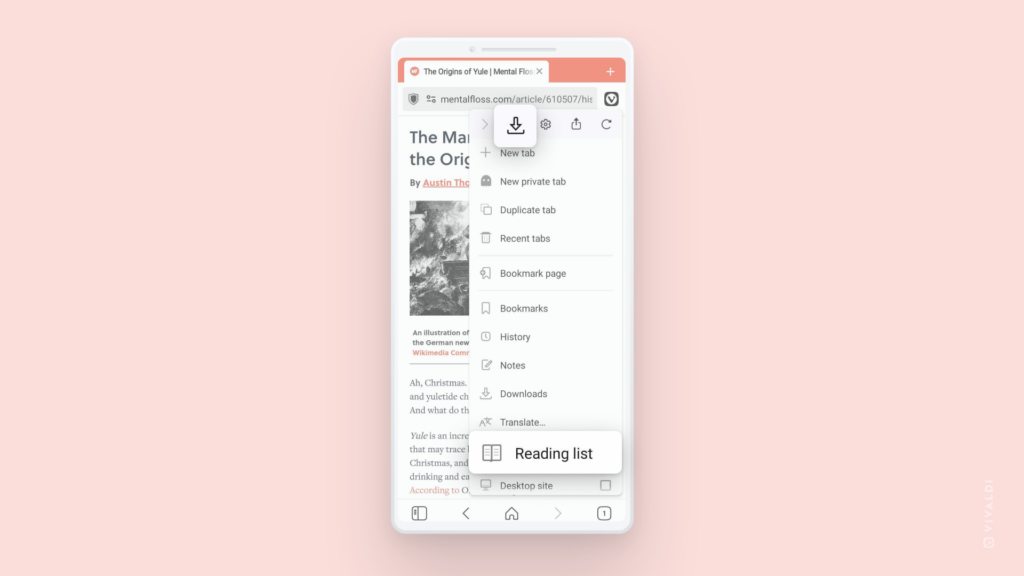 Vivaldi on Android with the menu open with the Download and Reading List options highlighted.