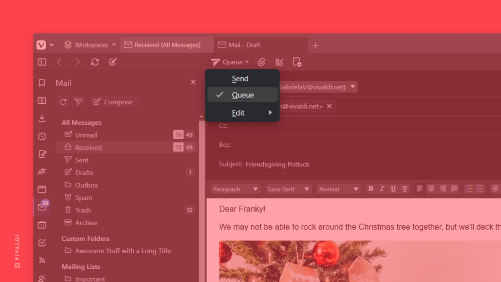 Mail composer open in Vivaldi Mail with context menu highlighting the Queue option open.