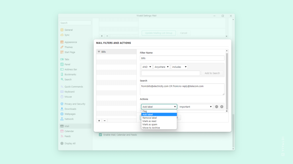 Vivaldi Mail settings. A new filter is being created.